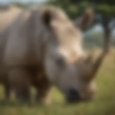 A white rhinoceros grazing peacefully on grasslands.