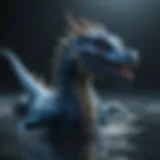 A vibrant blue dragon with intricate patterns gliding through water.