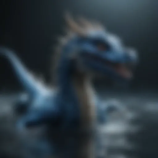 A vibrant blue dragon with intricate patterns gliding through water.