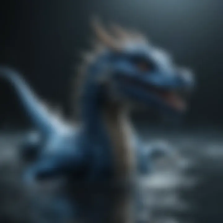 A vibrant blue dragon with intricate patterns gliding through water.