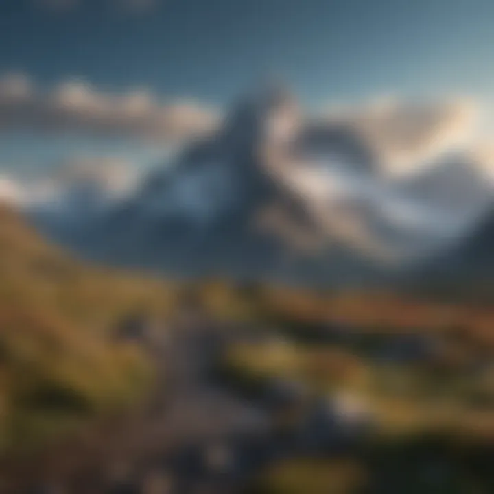 An enchanting image of a majestic mountain range under a clear blue sky.