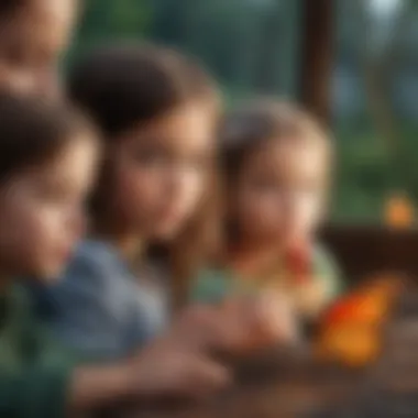 Group of children observing a colorful butterfly