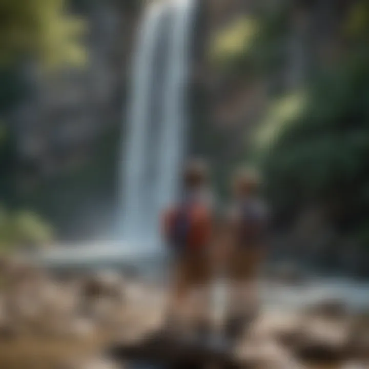Kids marveling at a majestic waterfall