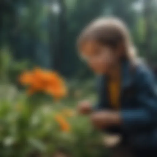 Curious child examining a vibrant flower
