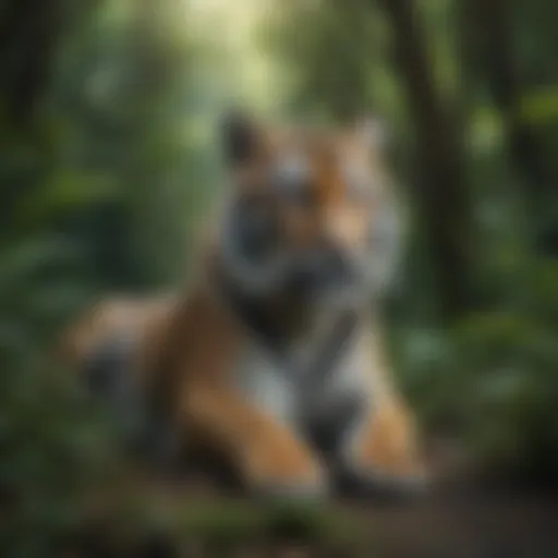 A majestic tiger resting in a lush green jungle, symbolizing its natural habitat.