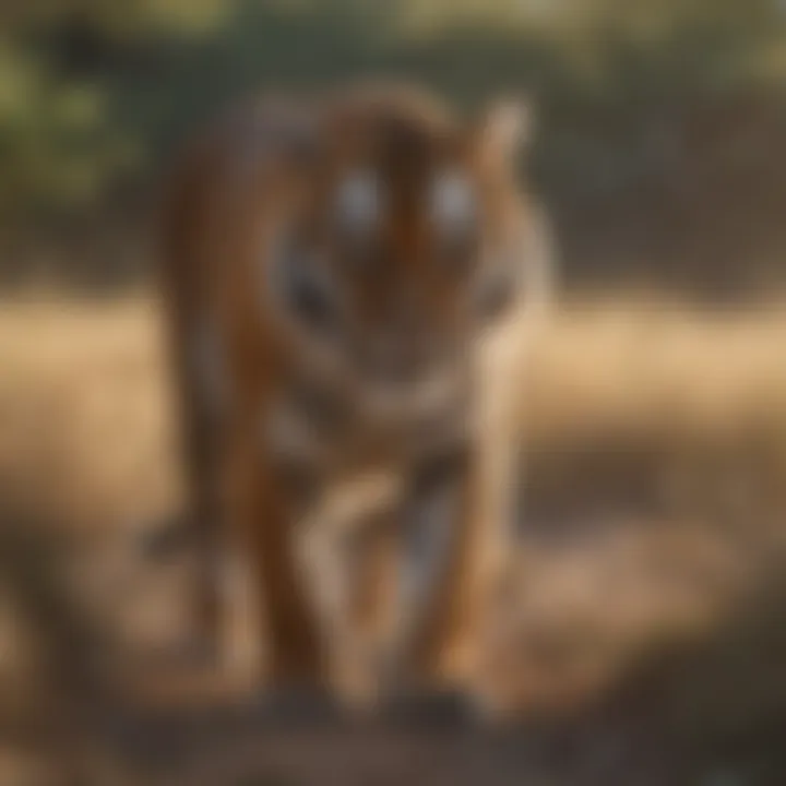 A striking image of a tiger roaming through an open savanna, highlighting the diversity of its habitats.