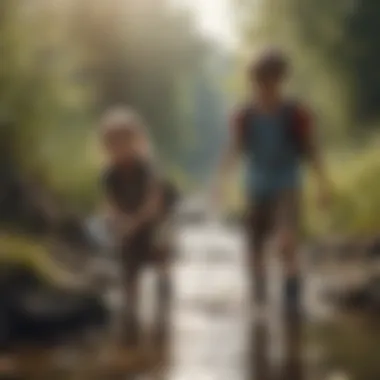 A cheerful scene of young explorers collecting clean water from a stream.