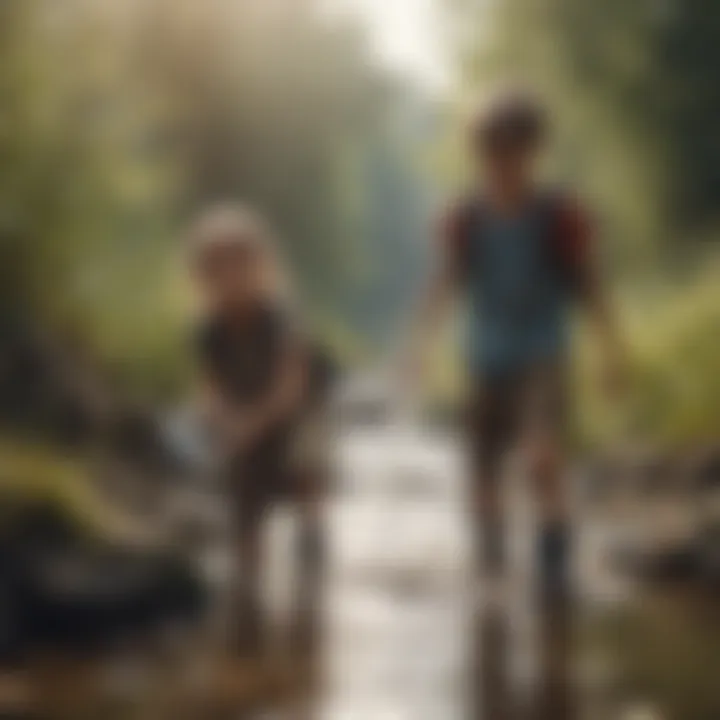 A cheerful scene of young explorers collecting clean water from a stream.