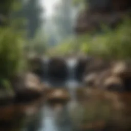 A vibrant illustration of a natural water filtration system with rocks and plants.