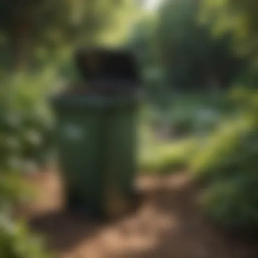 Transformed garbage can compost bin in a vibrant garden