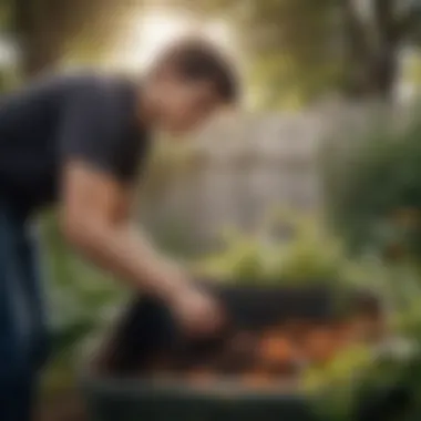 Young person tending to a compost bin