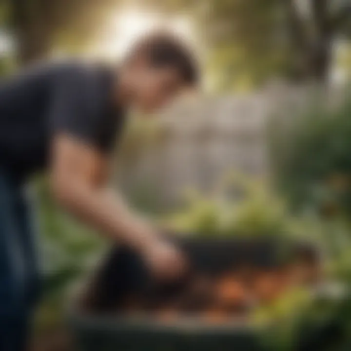 Young person tending to a compost bin