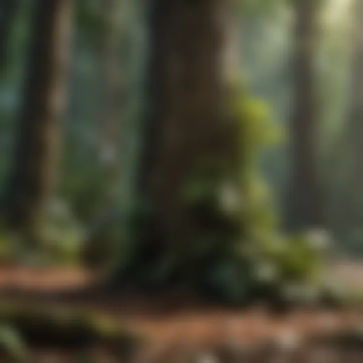 Biodiversity in a tropical rainforest, showcasing various flora and fauna interacting with trees