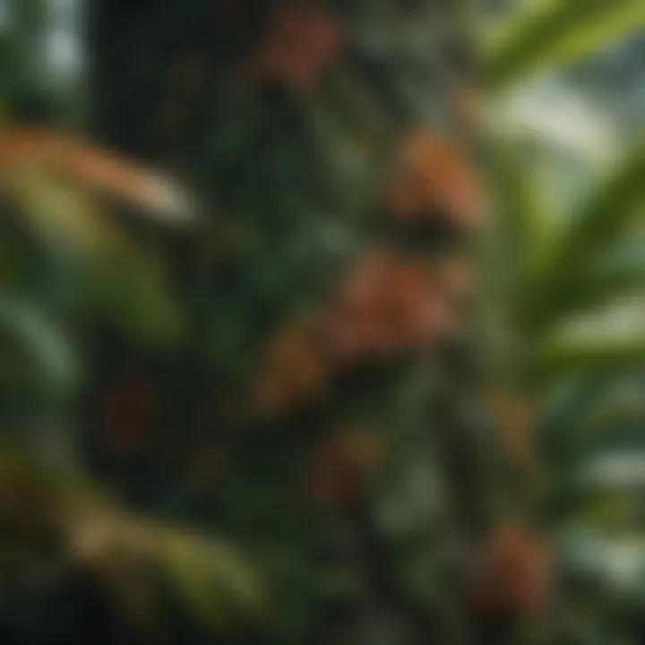 Close-up of a unique tropical tree with vibrant leaves and textures