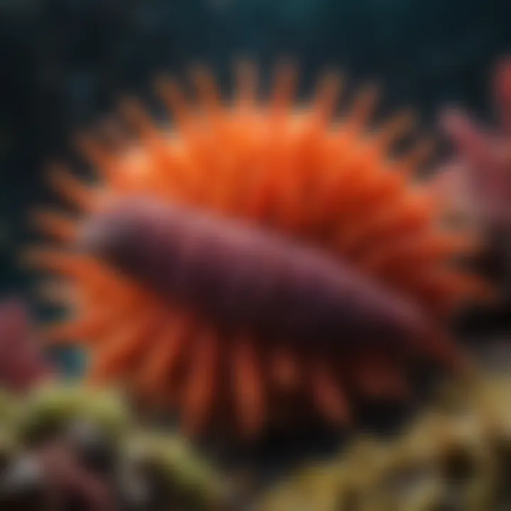 A vibrant and unusual sea cucumber with striking colors on a coral reef