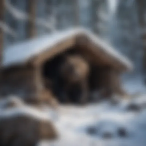A serene forest landscape depicting a bear den covered in snow