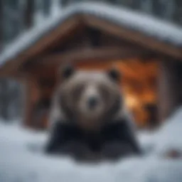 A bear nestled snugly in a den during hibernation, surrounded by snow.
