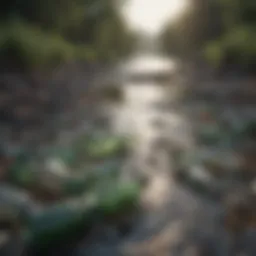 A polluted waterway filled with plastic bottles