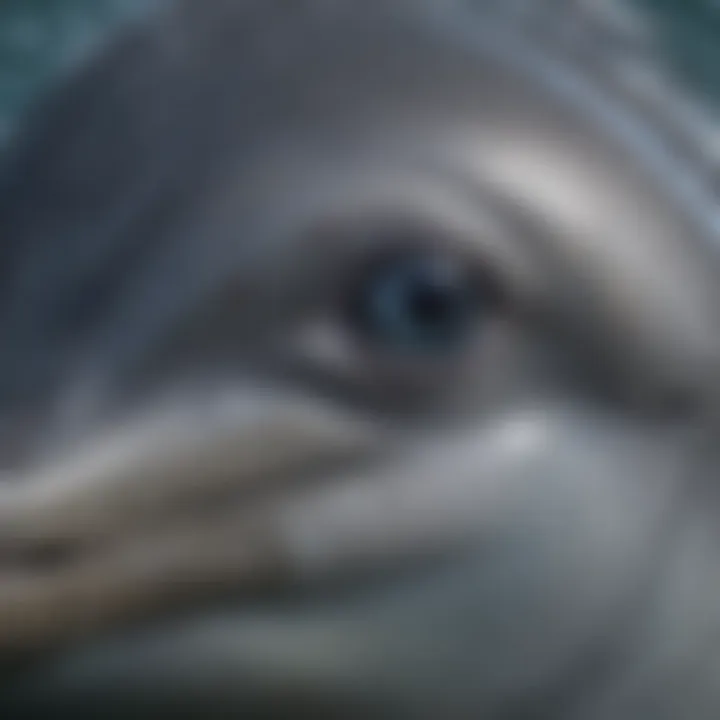 A close-up of a bottlenose dolphin's unique facial features, highlighting its intelligence