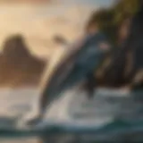 A playful bottlenose dolphin breaching the surface of the ocean with splashes of water