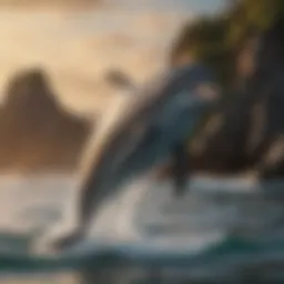 A playful bottlenose dolphin breaching the surface of the ocean with splashes of water