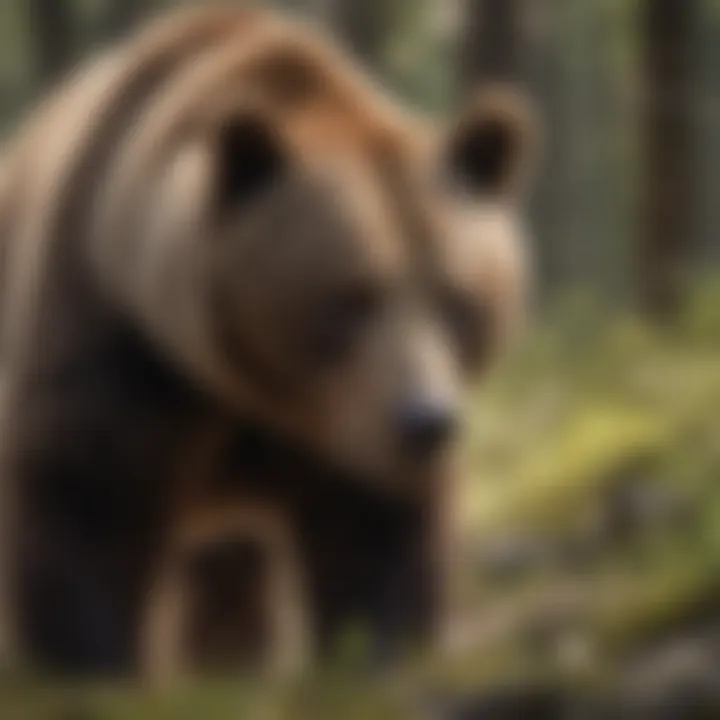 A Brown bear foraging in a forest, illustrating its diet and behavior.