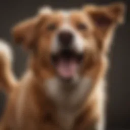A dog expressing happiness with a wagging tail and open mouth