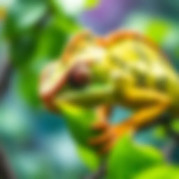 A chameleon eating a leaf, demonstrating its dietary variety