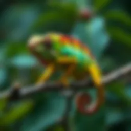 A vibrant chameleon perched on a branch, showcasing its colors