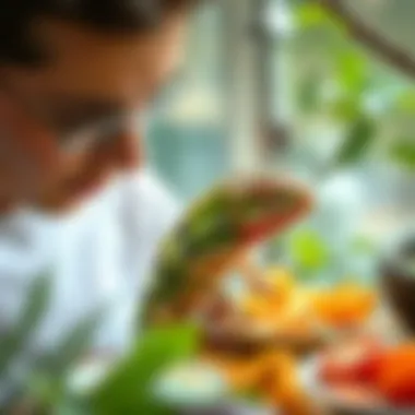 A caregiver preparing a feeding area with various food options for a chameleon