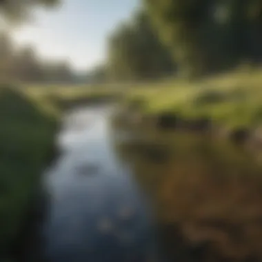 A tranquil river meandering through a lush meadow