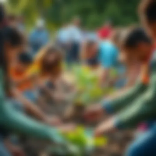 A vibrant Earth Day celebration with diverse community members planting trees