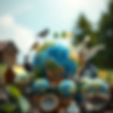 A globe surrounded by various environmental symbols representing sustainability