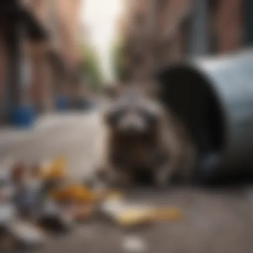 A plump raccoon rummaging through a trash can in an urban setting.