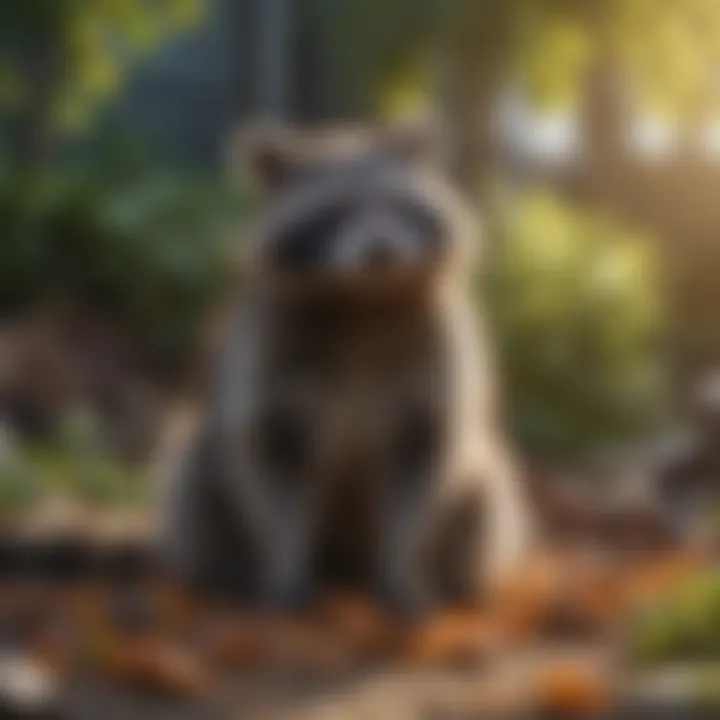 A raccoon sitting comfortably in a backyard, surrounded by food scraps.