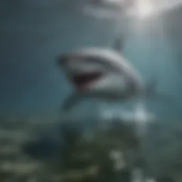 A great white shark gliding through clear ocean waters