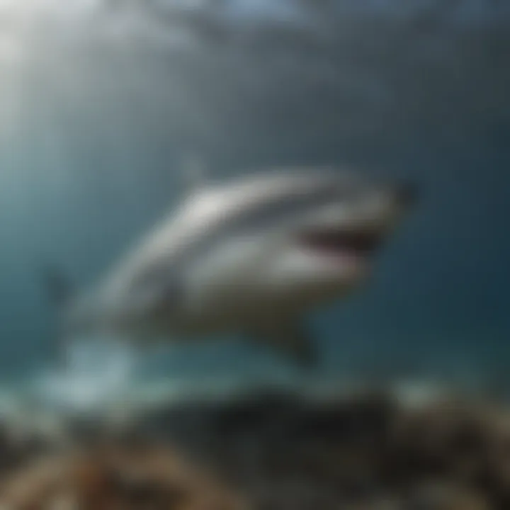 An underwater view of a great white shark hunting its prey