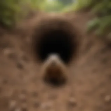 An illustration showing the intricate tunnel system of a groundhog's burrow beneath the soil.