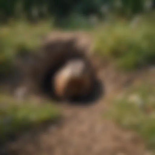 A close-up view of a groundhog burrow entrance surrounded by grass and wildflowers.