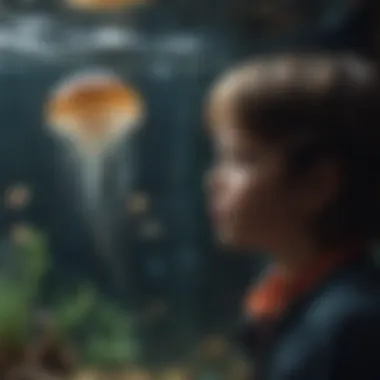 A child observing jellyfish in an aquarium, emphasizing the wonder of marine life.