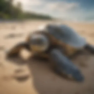 A conservationist monitoring green sea turtles on a beach.
