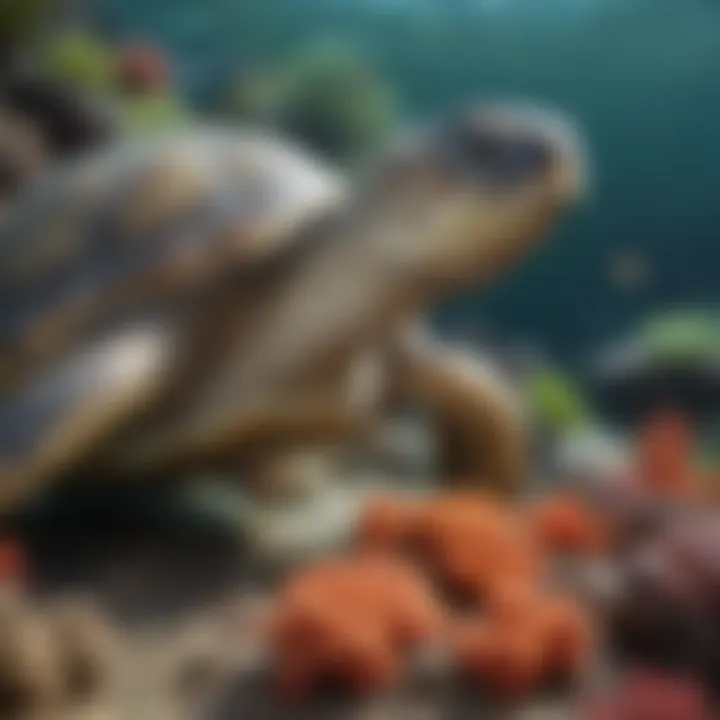 Close-up of a green sea turtle resting on a coral reef.