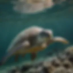 A green sea turtle gracefully gliding through crystal clear waters.