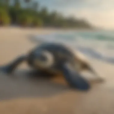 A hatchling green sea turtle making its way to the ocean.