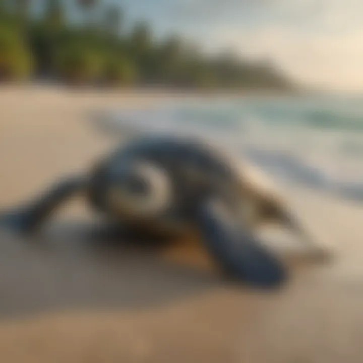 A hatchling green sea turtle making its way to the ocean.