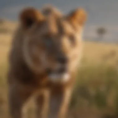 A lioness hunting in the grasslands