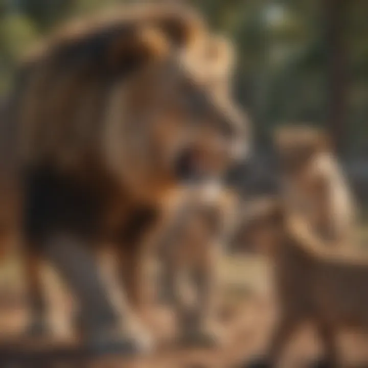 A male lion engaging in playful behavior with cubs