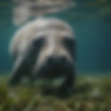 A close-up of a manatee grazing on seagrass