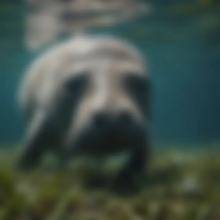 A close-up of a manatee grazing on seagrass