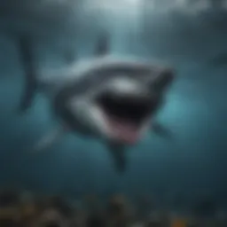 A detailed illustration of a megalodon swimming in prehistoric waters.